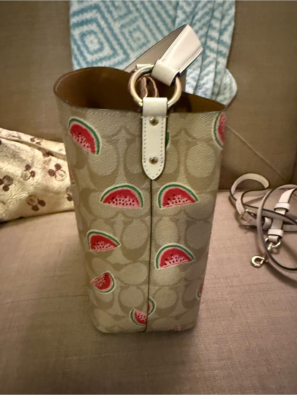 Coach Beige Signature Canvas Crossbody with Watermelon Print and White Strap and - Picture 7 of 9